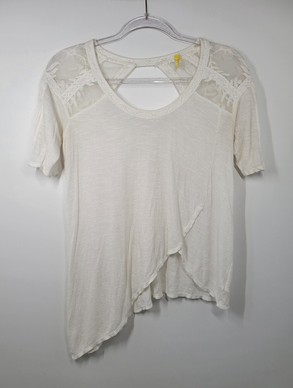Free People Off White Linen Blend Lace Asymmetrical Short Sleeve Top Women Sz S